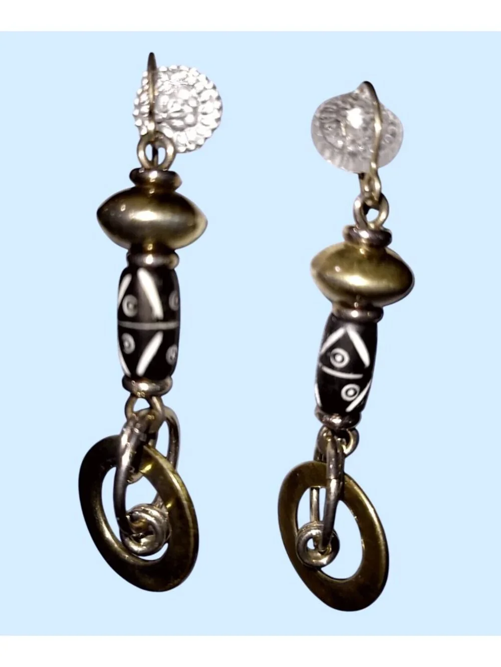 Vintage 1960's Bone and Brass Dangle African Style Pierced Earrings with Loops